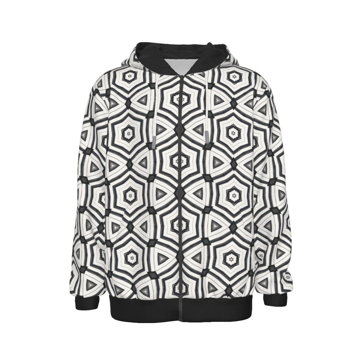 White hoodie printed with an all-over black geometric kaleidoscope pattern